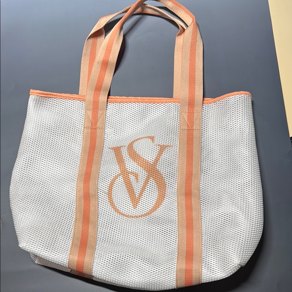 Victoria's Secret White and Orange Tote Bag with Plastic Liner